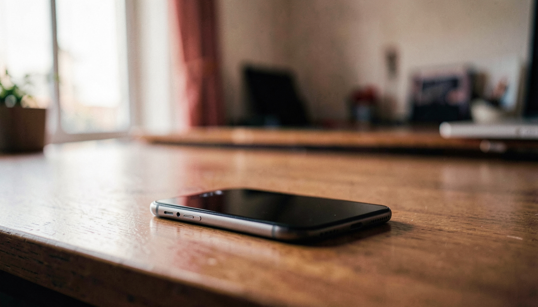 Wide cinematic shot of a sleek smartphone resting on a wooden desk with soft natural light and a blurred home-office background